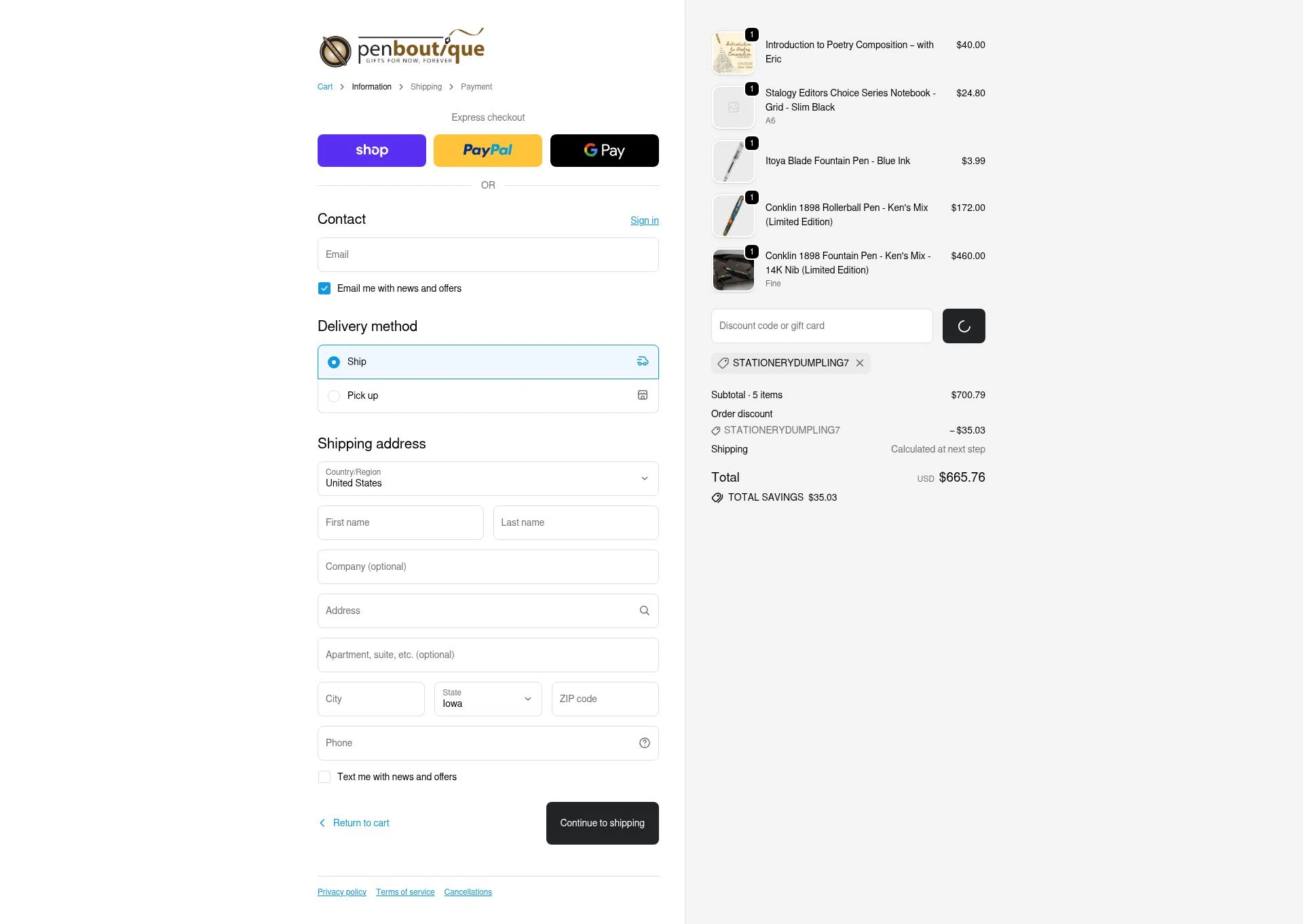 Pen Boutique checkout page showing Pen Boutique coupon code box | Screenshot taken by SimplyCodes community member on Jan 12, 2026