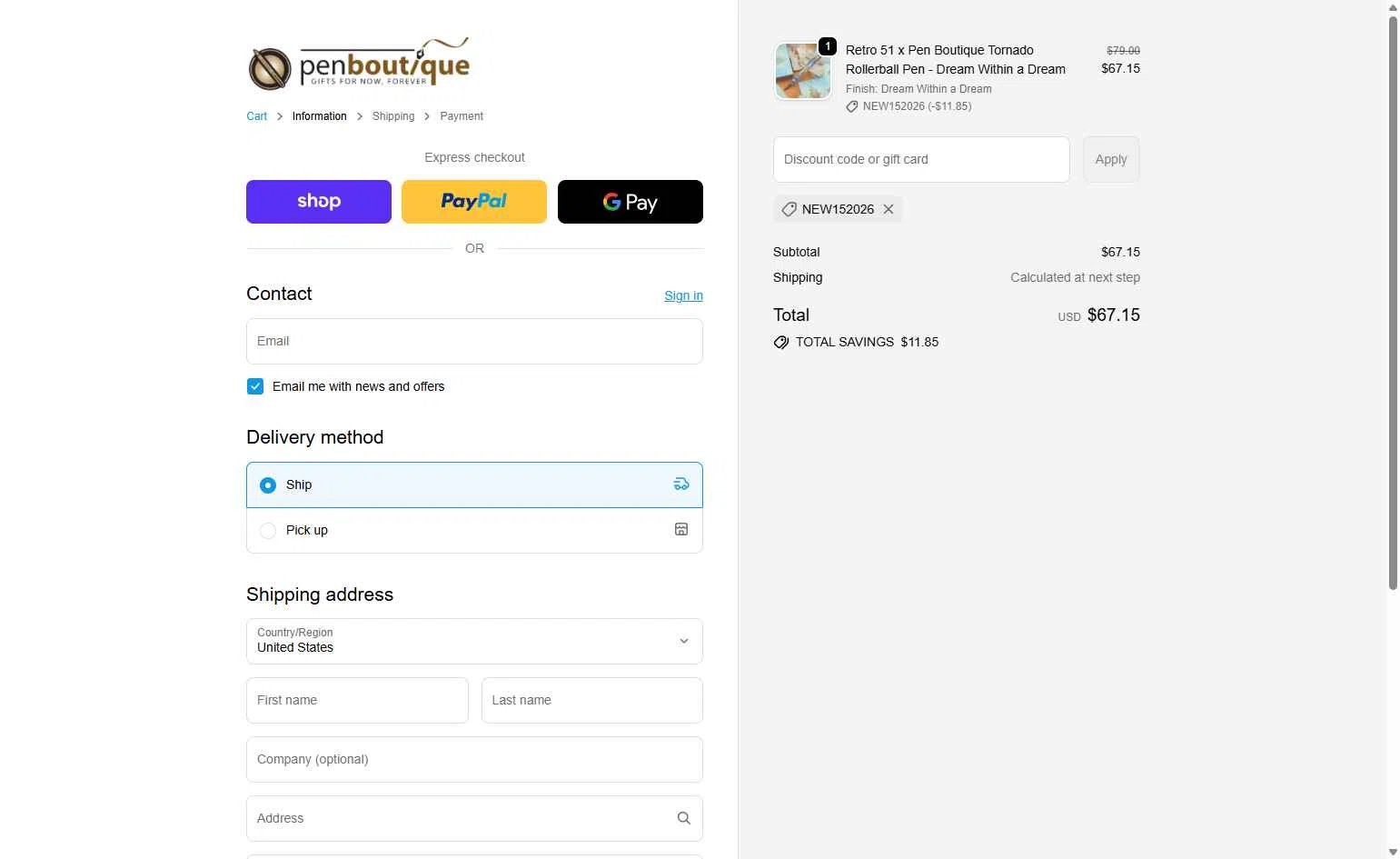 Pen Boutique checkout page showing Pen Boutique coupon code box | Screenshot taken by SimplyCodes community member on Jan 3, 2026