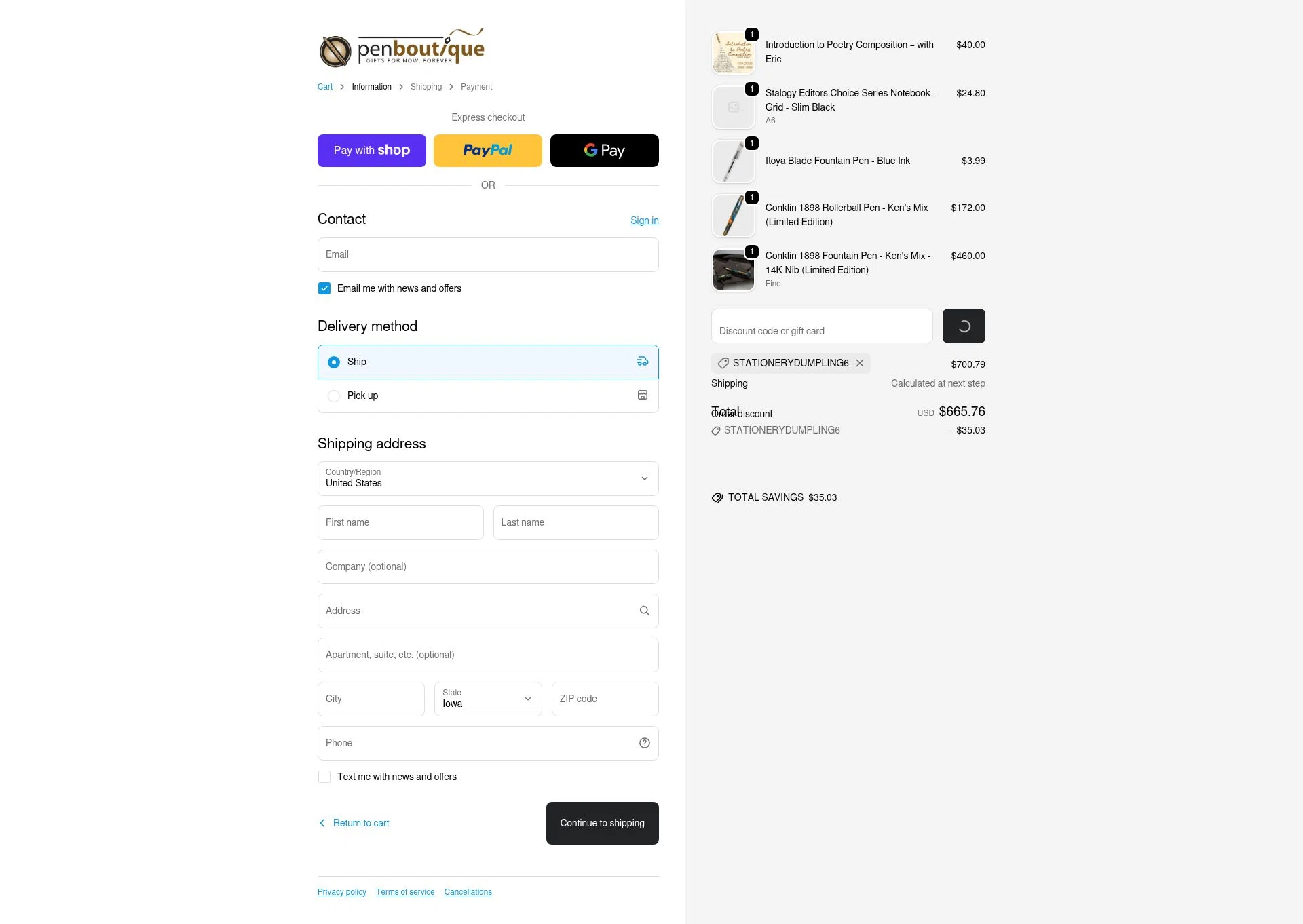 Pen Boutique checkout page showing Pen Boutique coupon code box | Screenshot taken by SimplyCodes community member on Jan 7, 2026