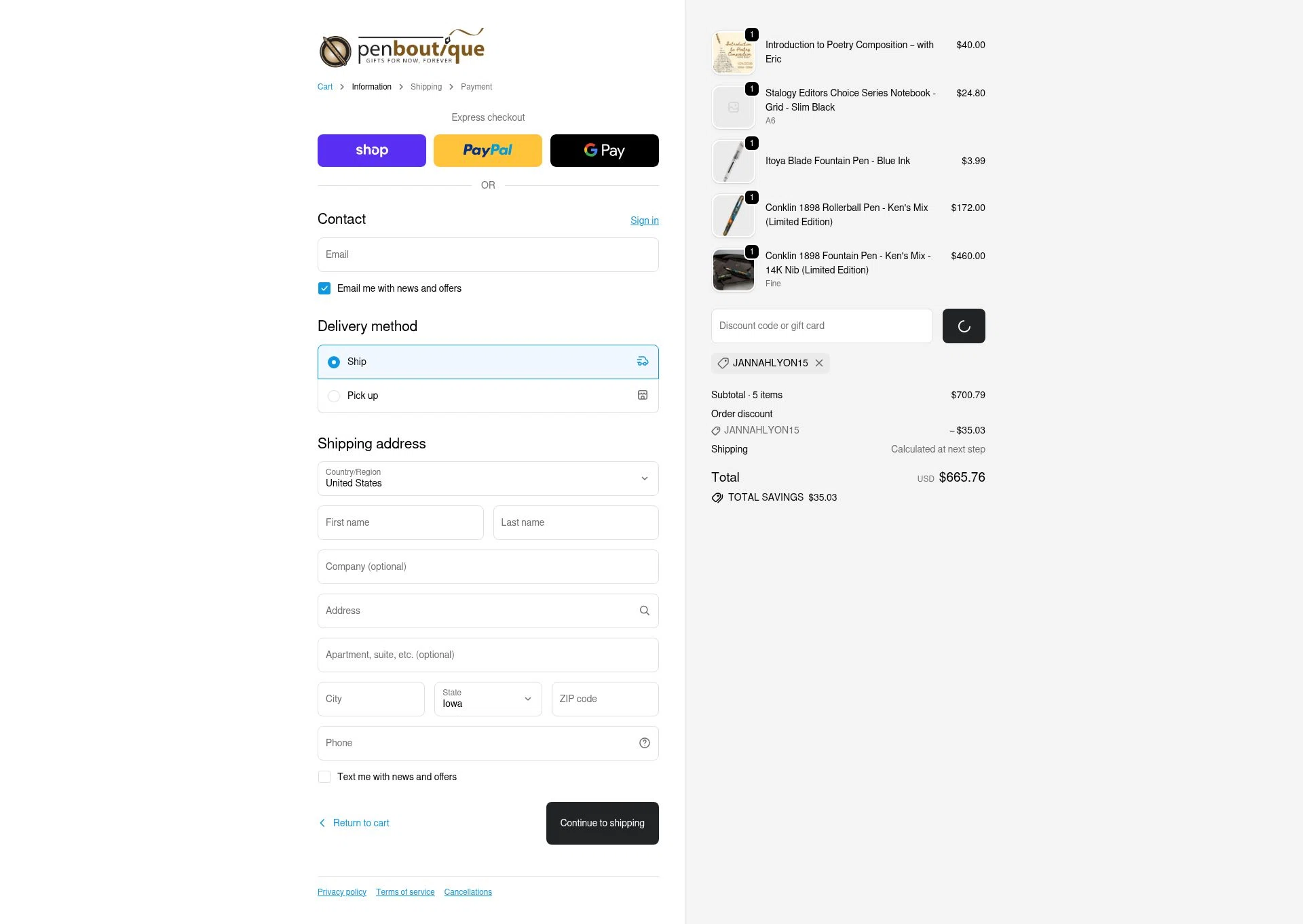 Pen Boutique checkout page showing Pen Boutique coupon code box | Screenshot taken by SimplyCodes community member on Jan 12, 2026