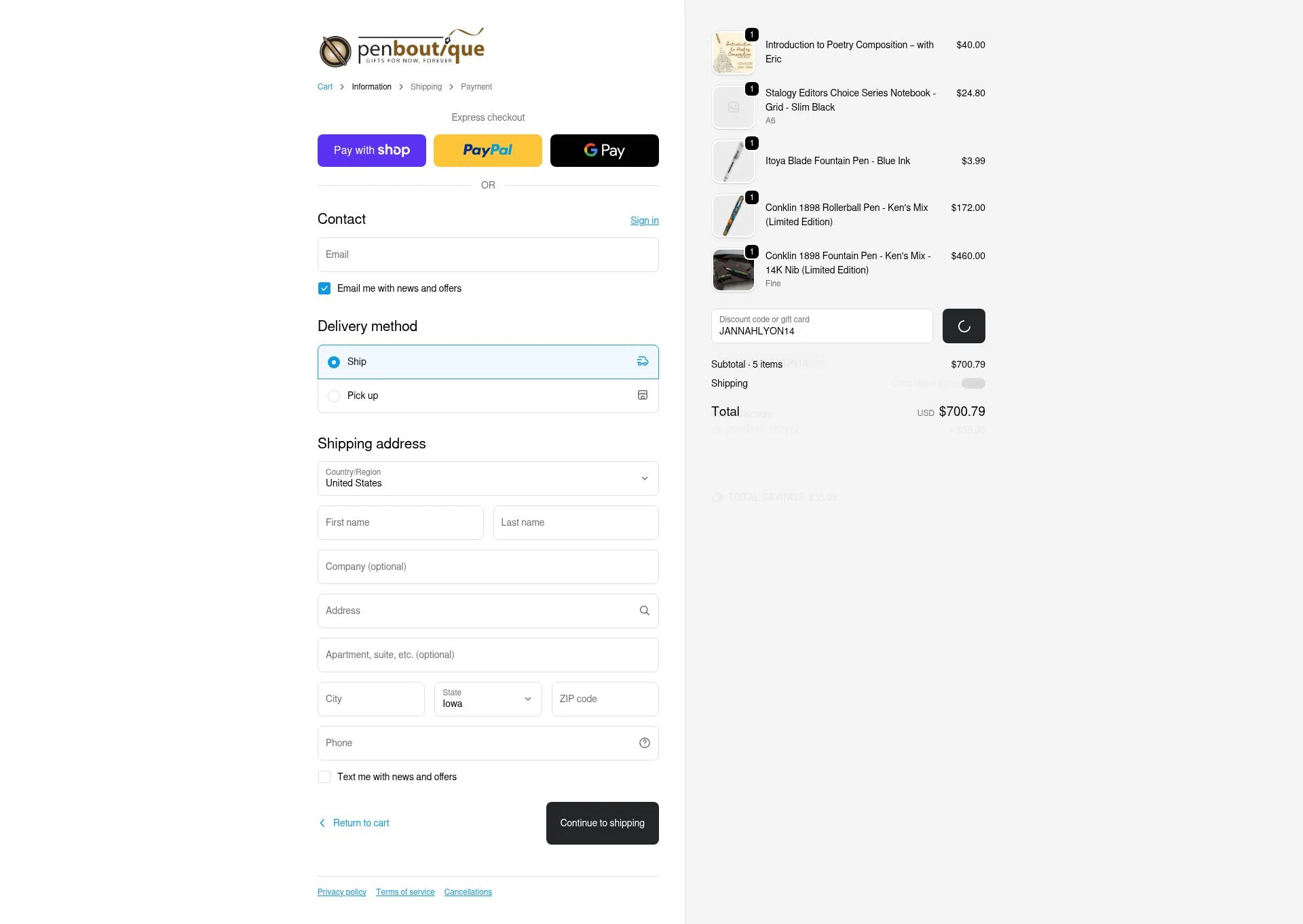 Pen Boutique checkout page showing Pen Boutique coupon code box | Screenshot taken by SimplyCodes community member on Jan 7, 2026