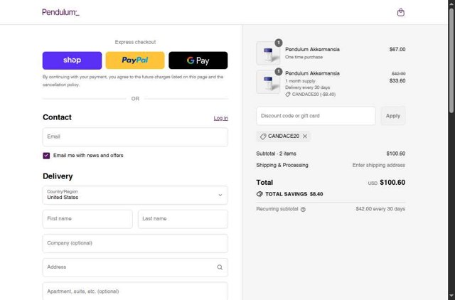 Pendulum checkout page showing Pendulum promo code box | Screenshot taken by SimplyCodes community member on Sep 8, 2025