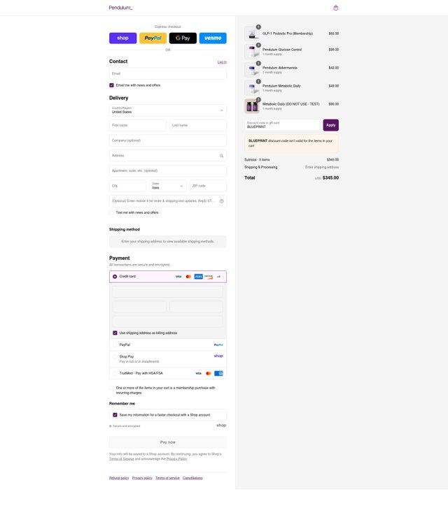 Pendulum checkout page showing Pendulum promo code box | Screenshot taken by SimplyCodes community member on Sep 8, 2025