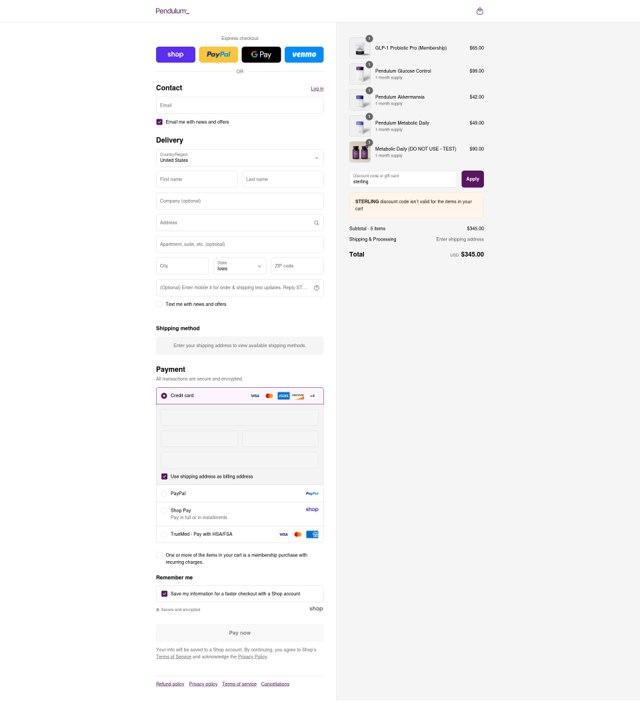 Pendulum checkout page showing Pendulum promo code box | Screenshot taken by SimplyCodes community member on Sep 8, 2025