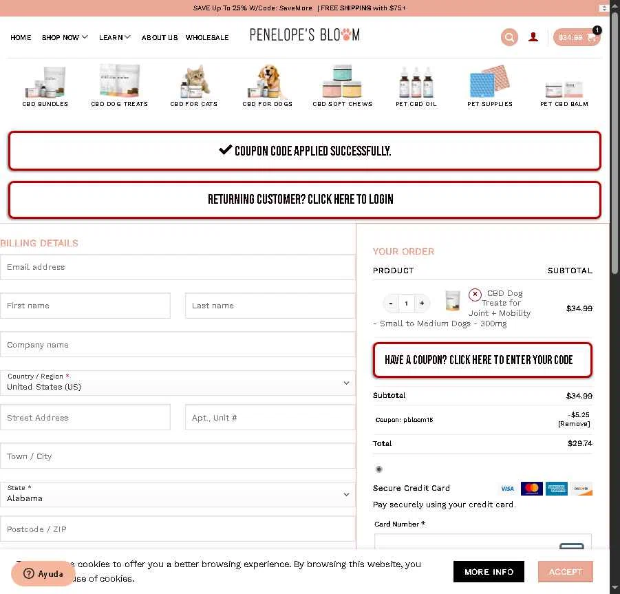 Penelope's Bloom checkout page showing Penelope's Bloom promo code box | Screenshot taken by SimplyCodes community member on Jan 7, 2026