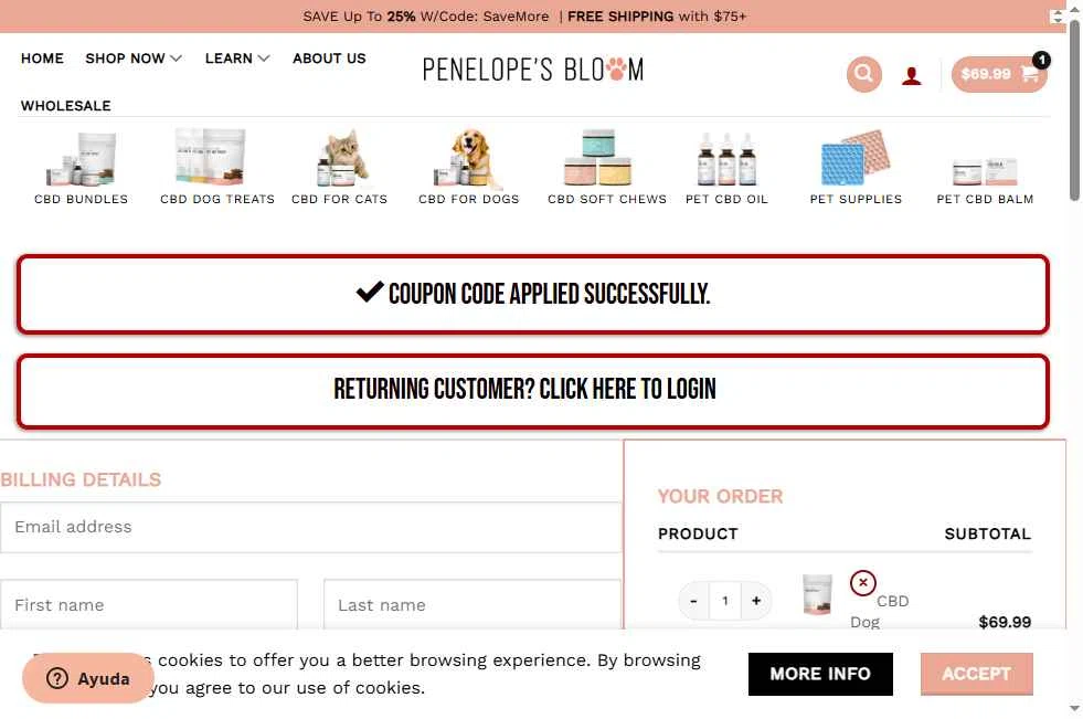 Penelope's Bloom checkout page showing Penelope's Bloom promo code box | Screenshot taken by SimplyCodes community member on Jan 9, 2026
