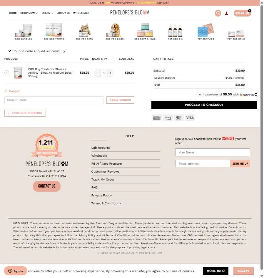 Penelope's Bloom checkout page showing Penelope's Bloom promo code box | Screenshot taken by SimplyCodes community member on Dec 24, 2025
