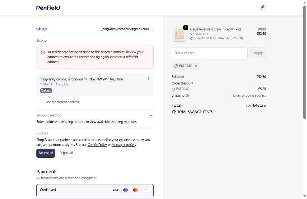 Penfield checkout page showing Penfield promo code box | Screenshot taken by SimplyCodes community member on Feb 16, 2026