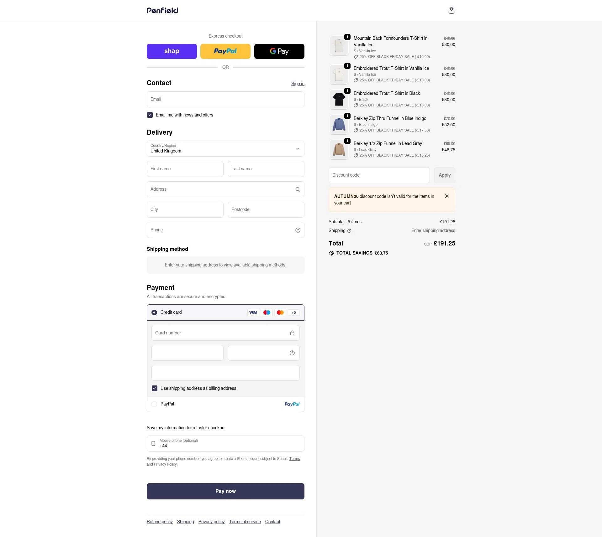 Penfield checkout page showing Penfield promo code box | Screenshot taken by SimplyCodes community member on Feb 12, 2026