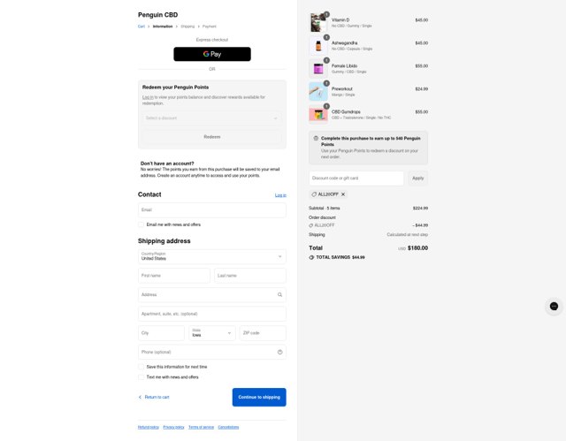 Penguin CBD checkout page showing Penguin CBD promo code box | Screenshot taken by SimplyCodes community member on Sep 7, 2025