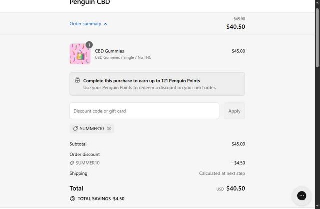 Penguin CBD checkout page showing Penguin CBD promo code box | Screenshot taken by SimplyCodes community member on Sep 7, 2025