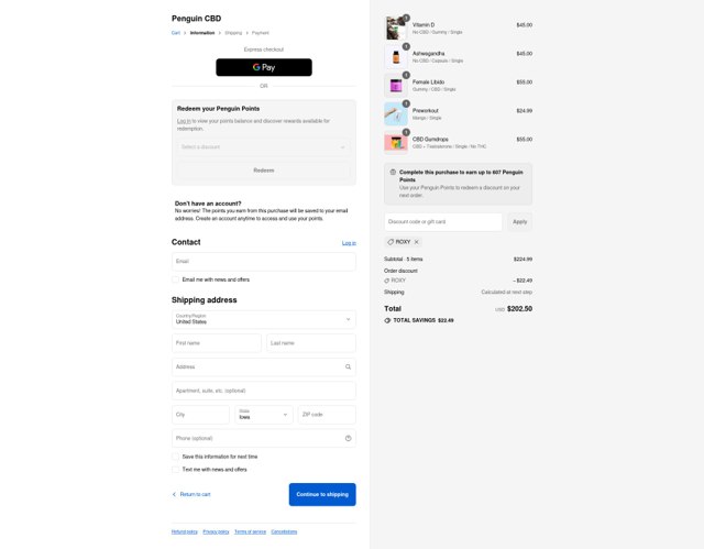 Penguin CBD checkout page showing Penguin CBD promo code box | Screenshot taken by SimplyCodes community member on Sep 7, 2025