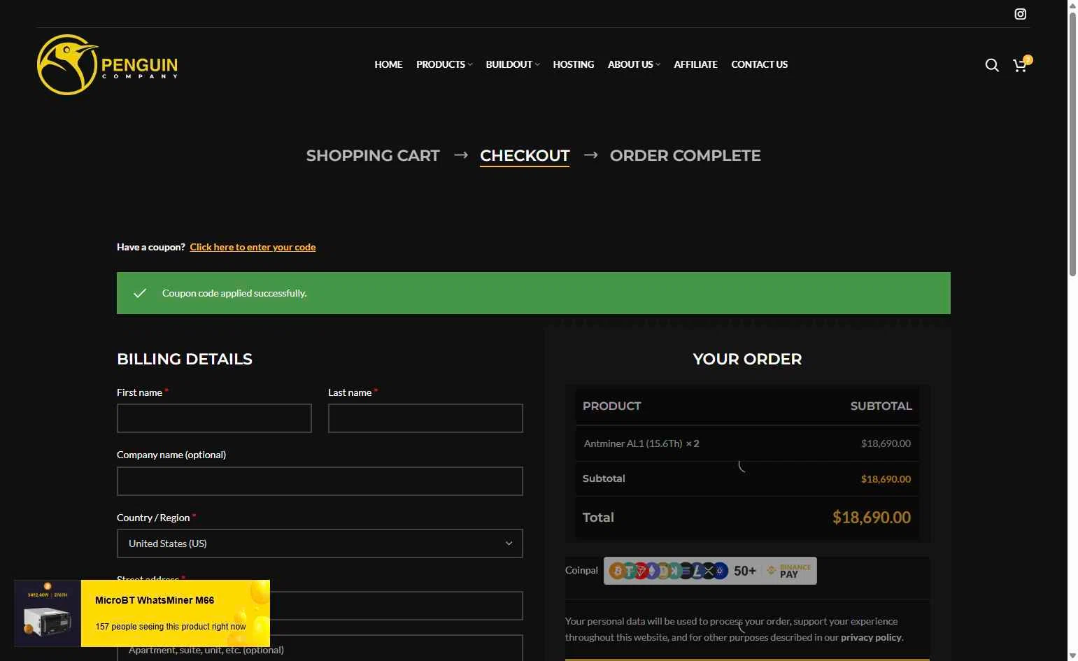 Penguin Company checkout page showing Penguin Company promo code box | Screenshot taken by SimplyCodes community member on Jan 31, 2026
