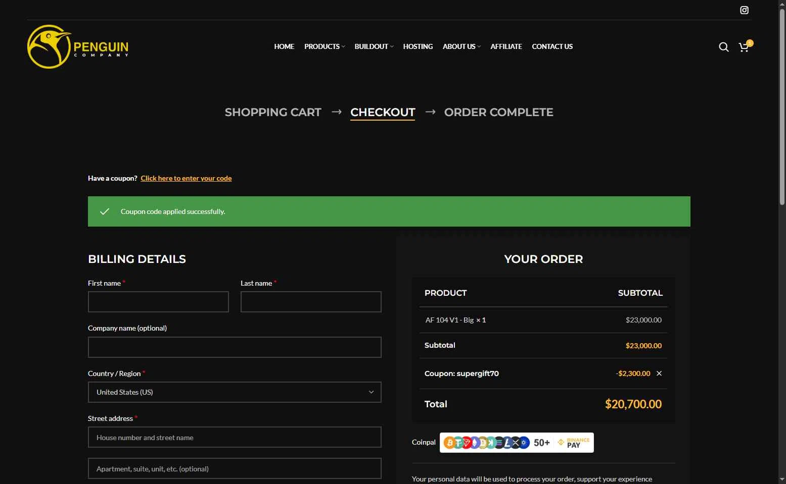 Penguin Company checkout page showing Penguin Company promo code box | Screenshot taken by SimplyCodes community member on Feb 2, 2026