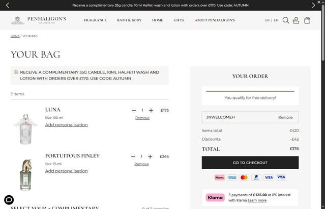 Penhaligon's checkout page showing Penhaligon's discount code box | Screenshot taken by SimplyCodes community member on Sep 11, 2025