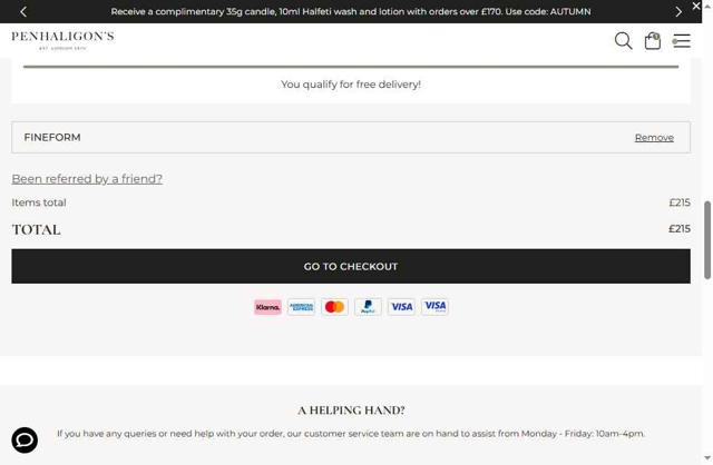 Penhaligon's checkout page showing Penhaligon's discount code box | Screenshot taken by SimplyCodes community member on Sep 8, 2025