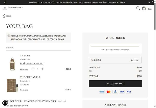 Penhaligon's checkout page showing Penhaligon's discount code box | Screenshot taken by SimplyCodes community member on Sep 12, 2025