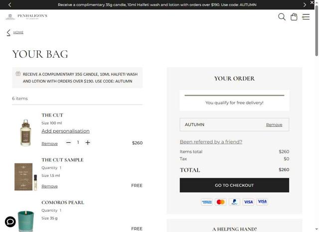 Penhaligon's checkout page showing Penhaligon's discount code box | Screenshot taken by SimplyCodes community member on Sep 9, 2025