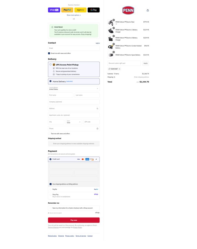Penn Fishing checkout page showing Penn Fishing discount code box | Screenshot taken by SimplyCodes community member on Aug 16, 2025