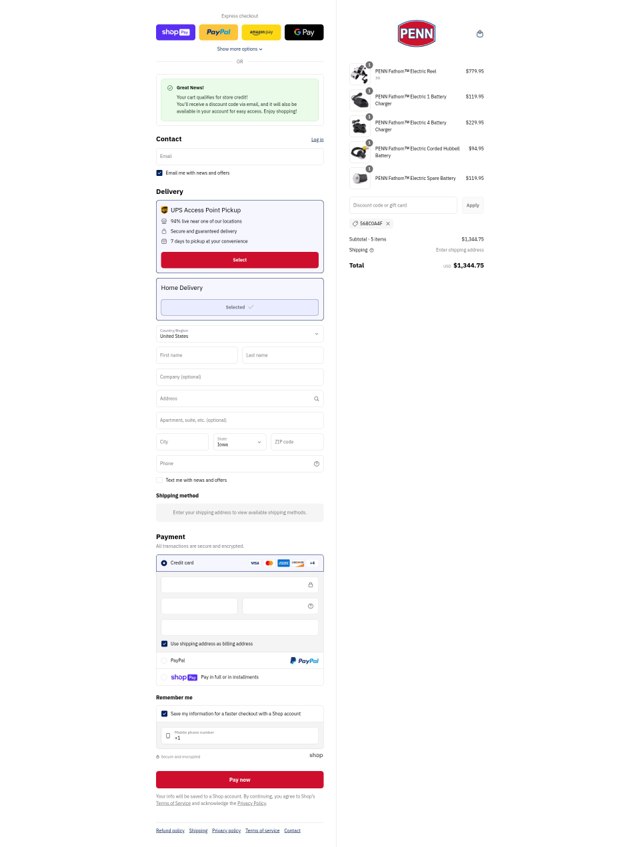 Penn Fishing checkout page showing Penn Fishing discount code box | Screenshot taken by SimplyCodes community member on Aug 8, 2025