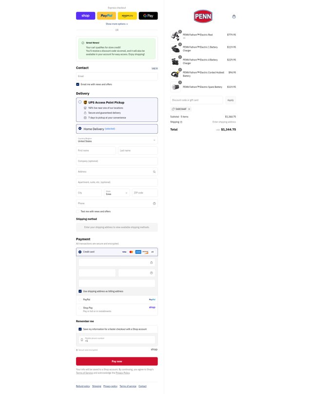 Penn Fishing checkout page showing Penn Fishing discount code box | Screenshot taken by SimplyCodes community member on Aug 30, 2025