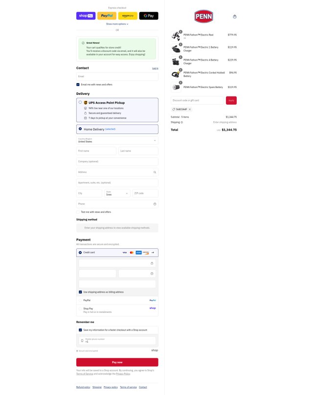 Penn Fishing checkout page showing Penn Fishing discount code box | Screenshot taken by SimplyCodes community member on Aug 22, 2025