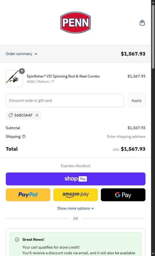 Penn Fishing checkout page showing Penn Fishing discount code box | Screenshot taken by SimplyCodes community member on Aug 26, 2025