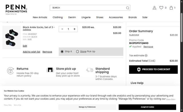 Penningtons checkout page showing Penningtons promo code box | Screenshot taken by SimplyCodes community member on Aug 31, 2025