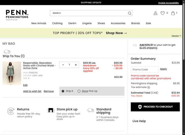 Penningtons checkout page showing Penningtons promo code box | Screenshot taken by SimplyCodes community member on Sep 5, 2025