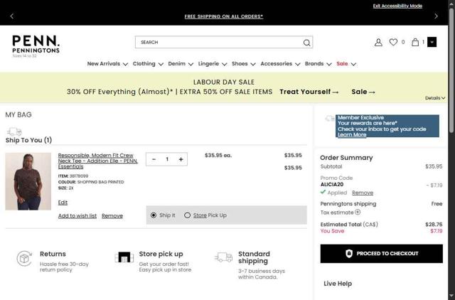 Penningtons checkout page showing Penningtons promo code box | Screenshot taken by SimplyCodes community member on Sep 1, 2025