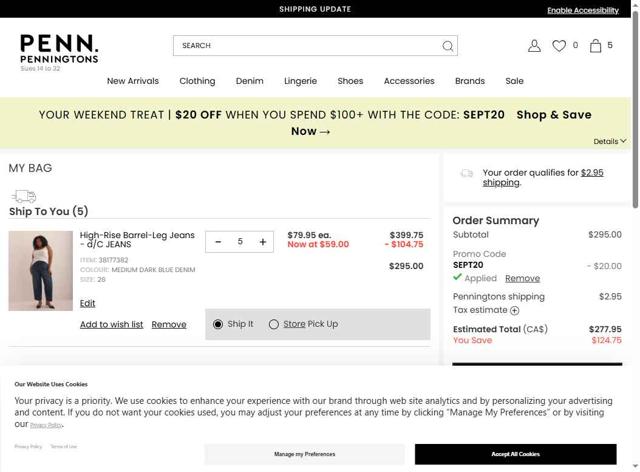 Penningtons checkout page showing Penningtons promo code box | Screenshot taken by SimplyCodes community member on Sep 13, 2025