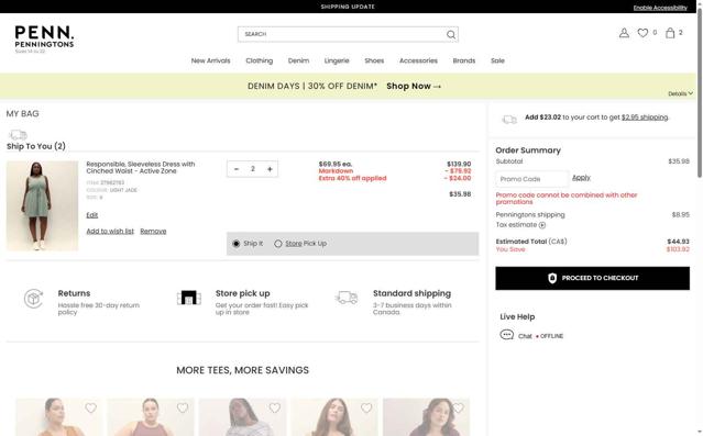 Penningtons checkout page showing Penningtons promo code box | Screenshot taken by SimplyCodes community member on Sep 10, 2025