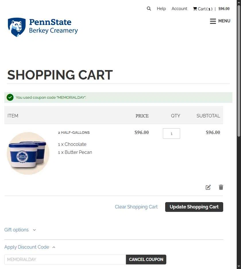 Penn State checkout page showing Penn State coupon code box | Screenshot taken by SimplyCodes community member on May 16, 2025