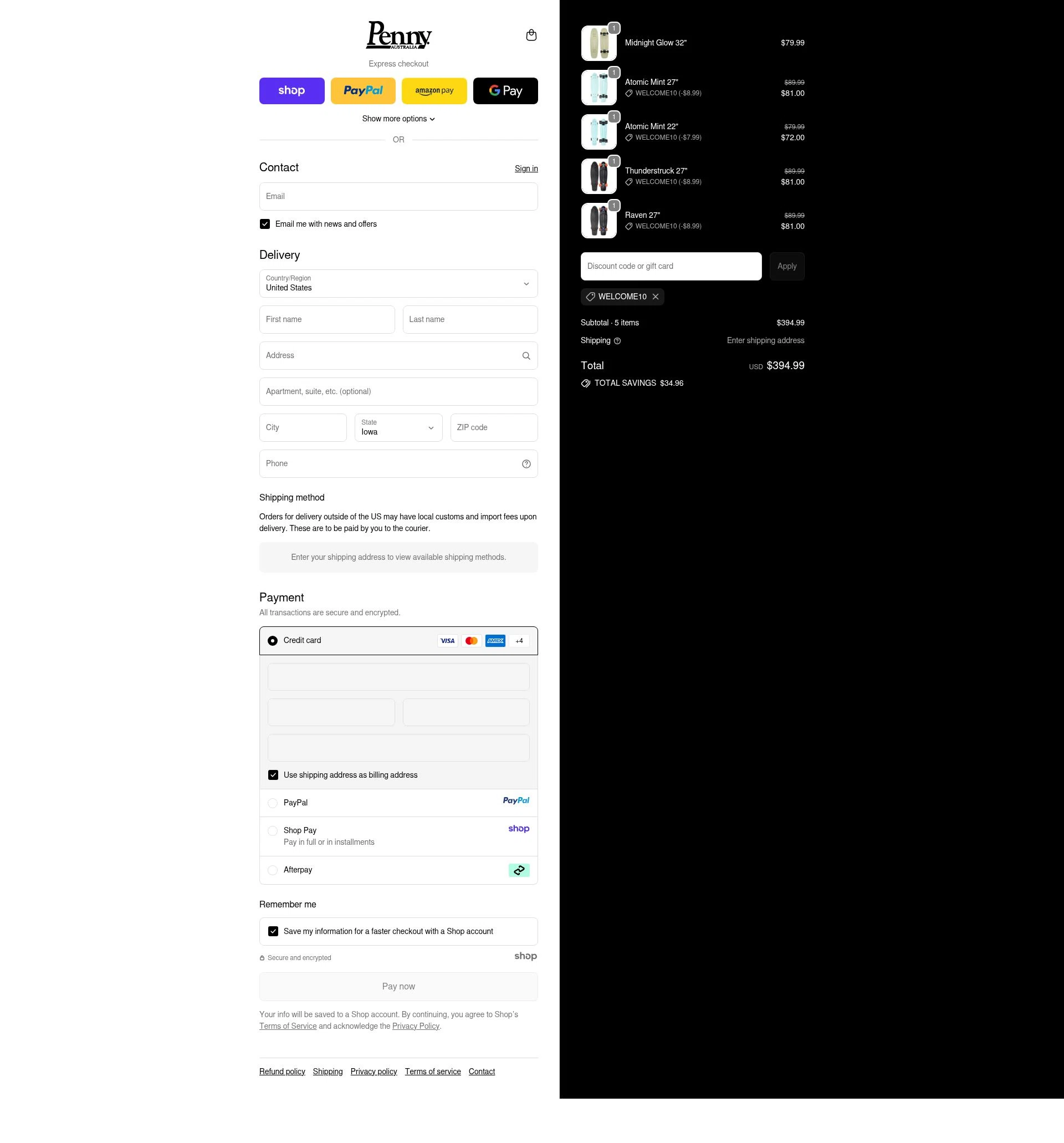 Penny Skateboards checkout page showing Penny Skateboards coupon code box | Screenshot taken by SimplyCodes community member on Sep 21, 2025