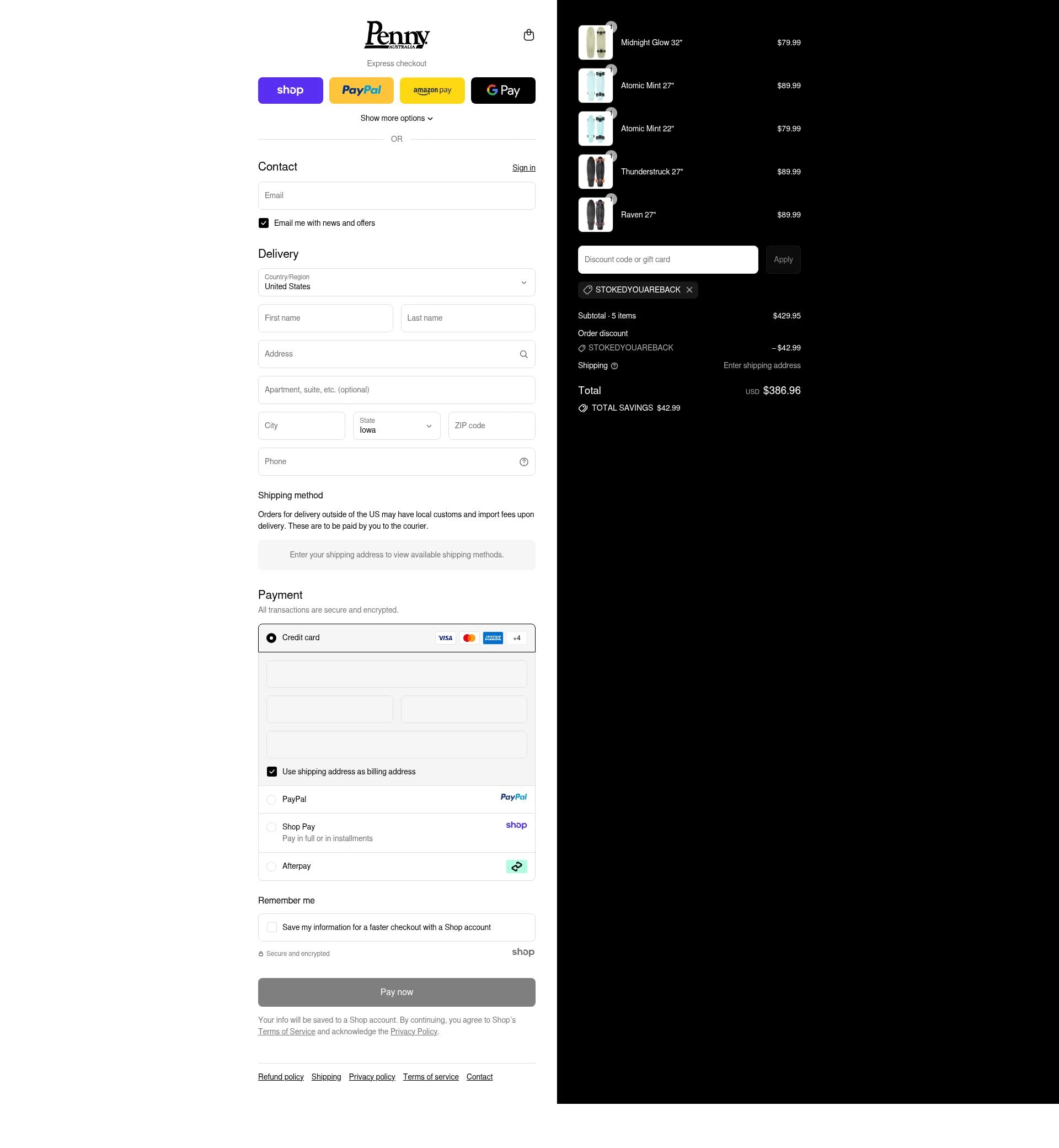 Penny Skateboards checkout page showing Penny Skateboards coupon code box | Screenshot taken by SimplyCodes community member on Sep 12, 2025