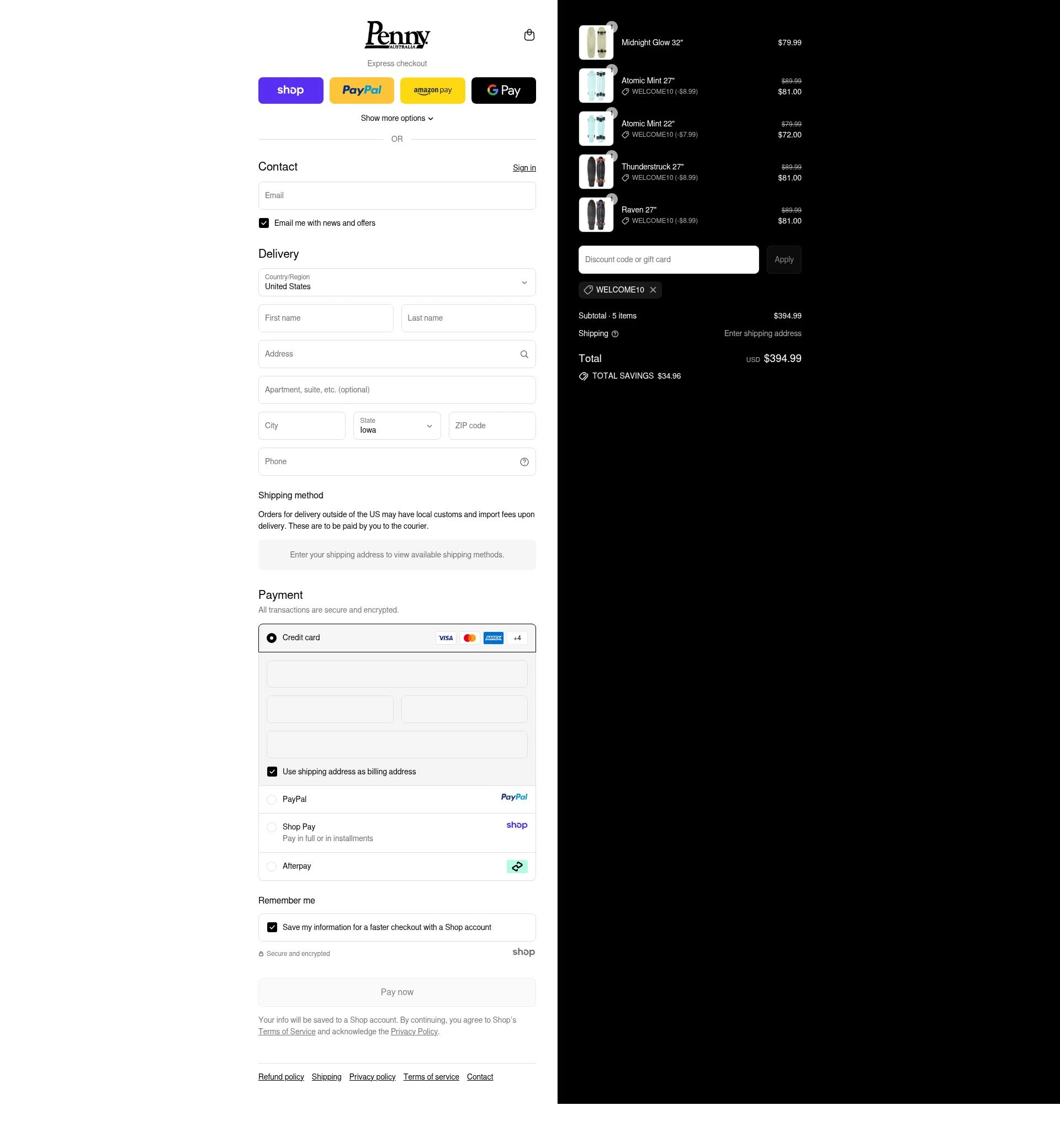 Penny Skateboards checkout page showing Penny Skateboards coupon code box | Screenshot taken by SimplyCodes community member on Sep 12, 2025
