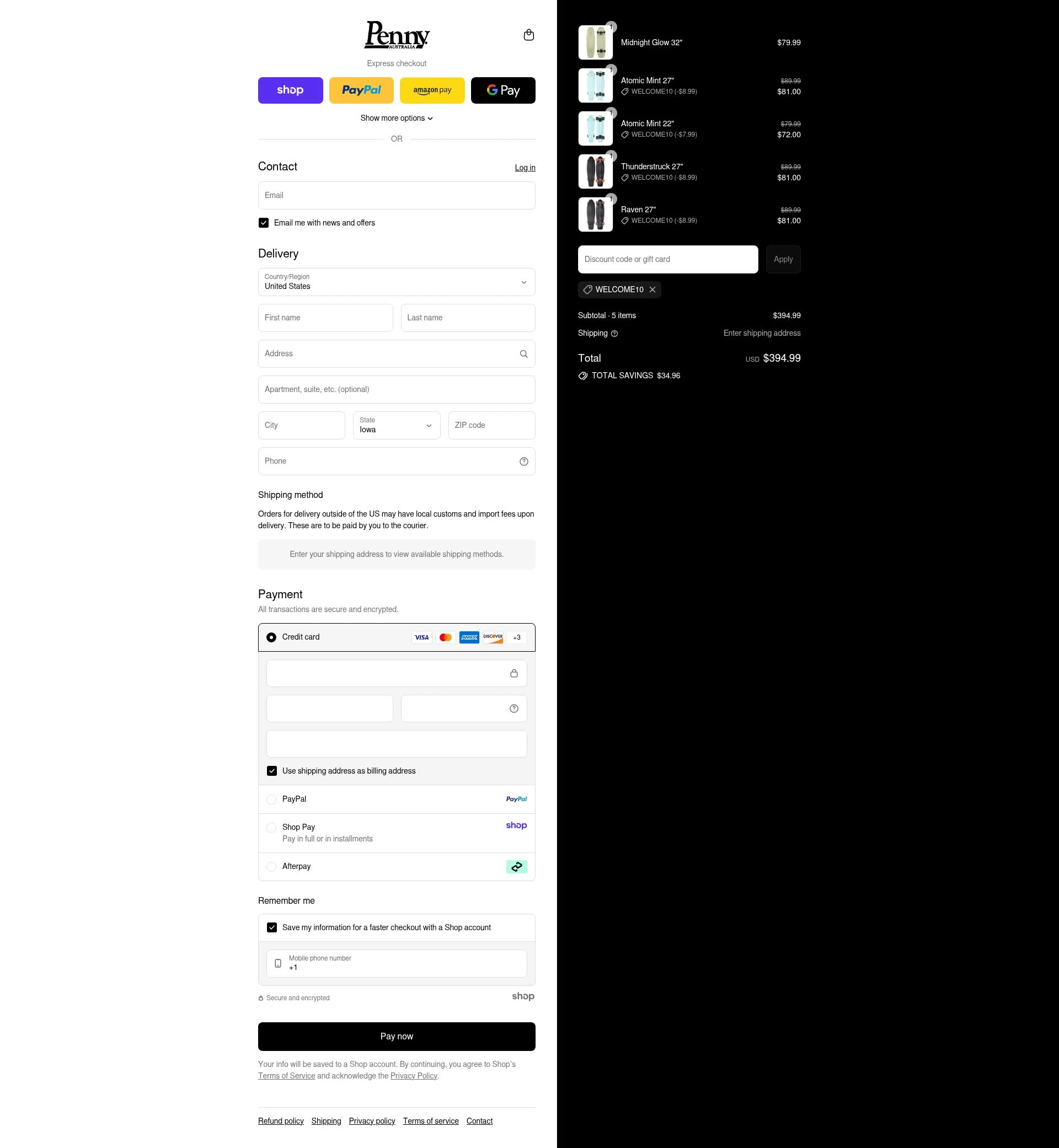 Penny Skateboards checkout page showing Penny Skateboards coupon code box | Screenshot taken by SimplyCodes community member on Sep 9, 2025
