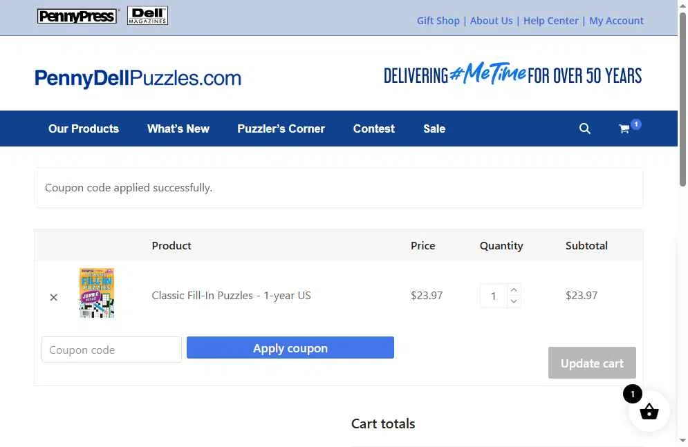 Penny Dell Puzzles checkout page showing Penny Dell Puzzles coupon code box | Screenshot taken by SimplyCodes community member on Feb 1, 2026