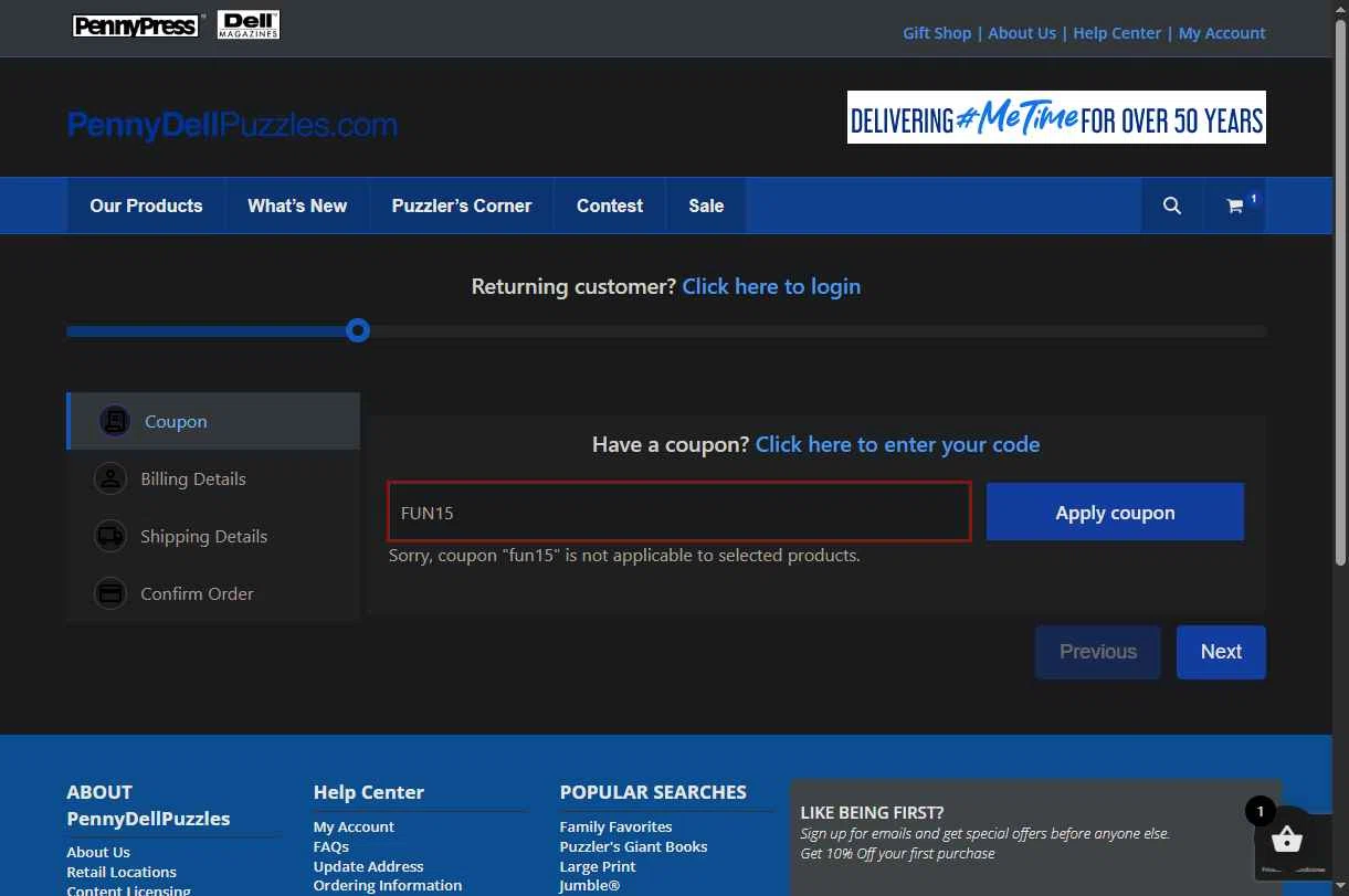 Penny Dell Puzzles checkout page showing Penny Dell Puzzles coupon code box | Screenshot taken by SimplyCodes community member on Jan 28, 2026