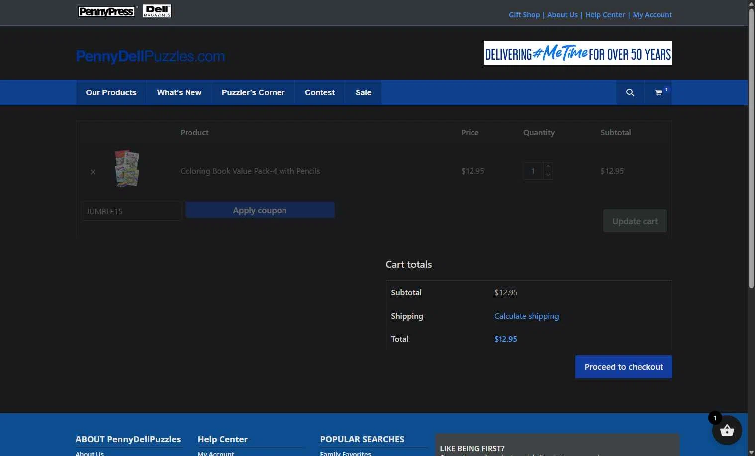 Penny Dell Puzzles checkout page showing Penny Dell Puzzles coupon code box | Screenshot taken by SimplyCodes community member on Jan 28, 2026