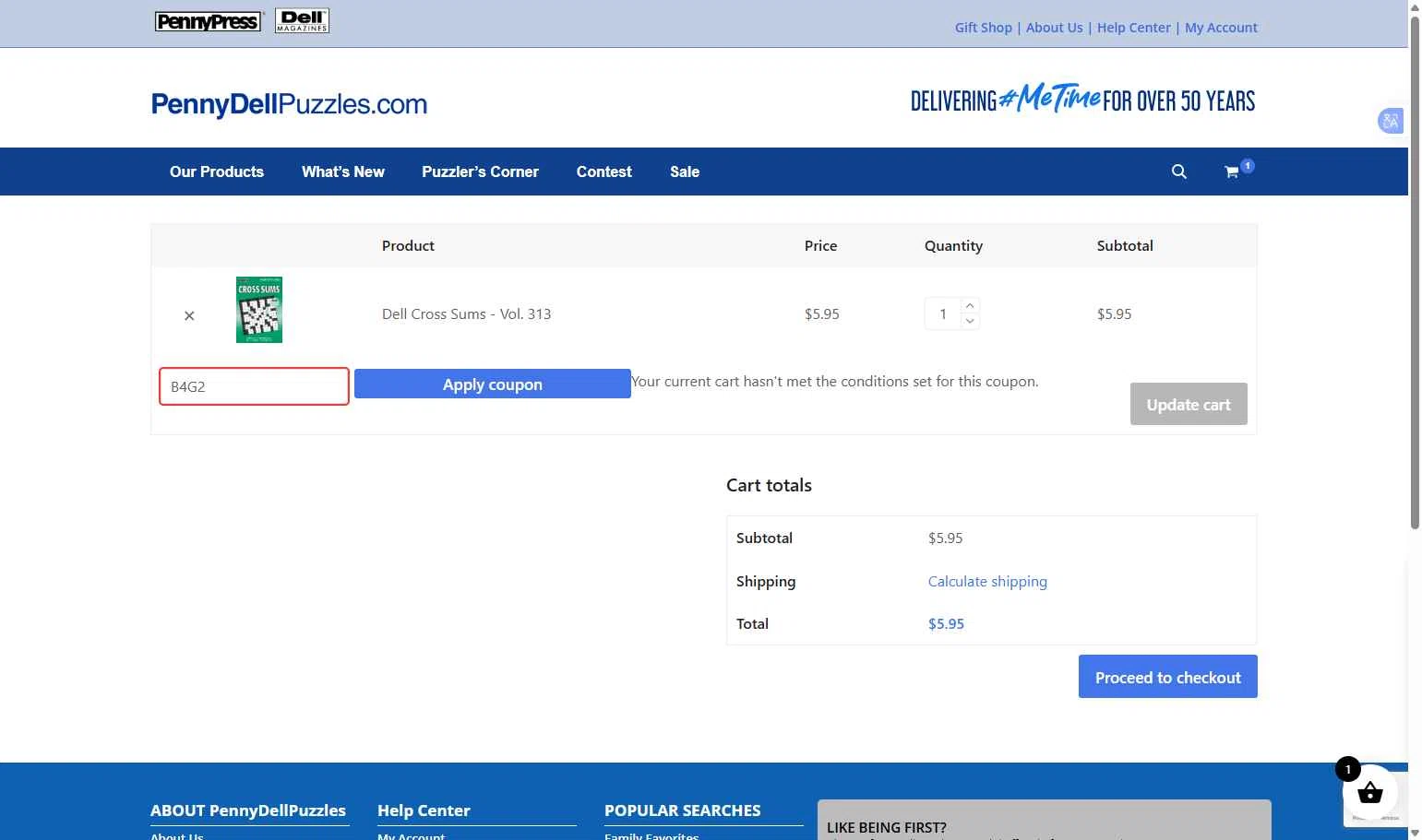 Penny Dell Puzzles checkout page showing Penny Dell Puzzles coupon code box | Screenshot taken by SimplyCodes community member on Jan 22, 2026