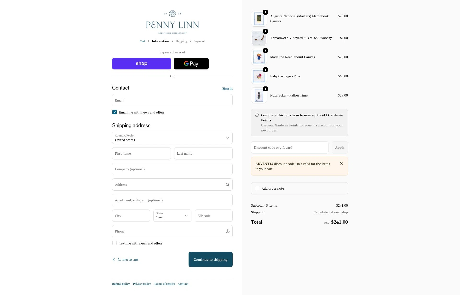 Penny Linn Designs checkout page showing Penny Linn Designs promo code box | Screenshot taken by SimplyCodes community member on Jan 17, 2026
