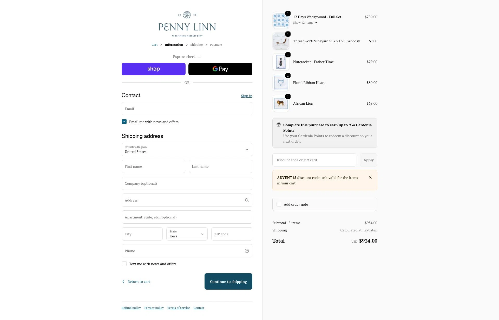 Penny Linn Designs checkout page showing Penny Linn Designs promo code box | Screenshot taken by SimplyCodes community member on Feb 4, 2026