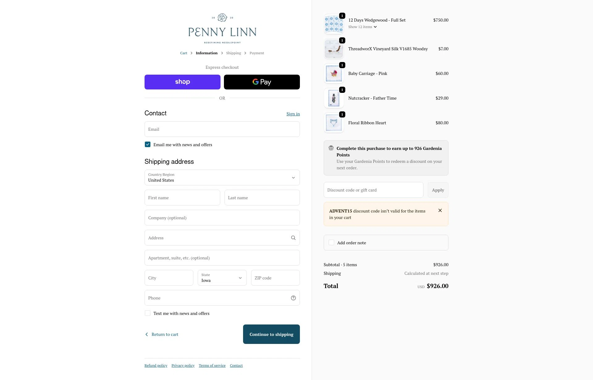 Penny Linn Designs checkout page showing Penny Linn Designs promo code box | Screenshot taken by SimplyCodes community member on Jan 30, 2026