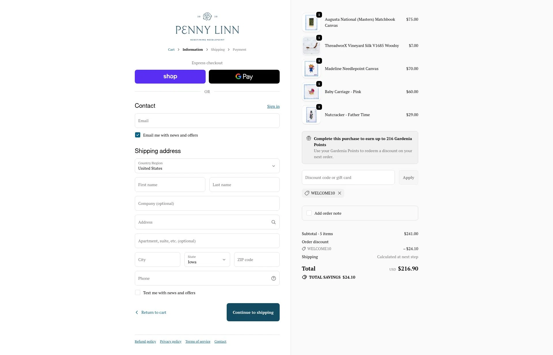 Penny Linn Designs checkout page showing Penny Linn Designs promo code box | Screenshot taken by SimplyCodes community member on Jan 17, 2026