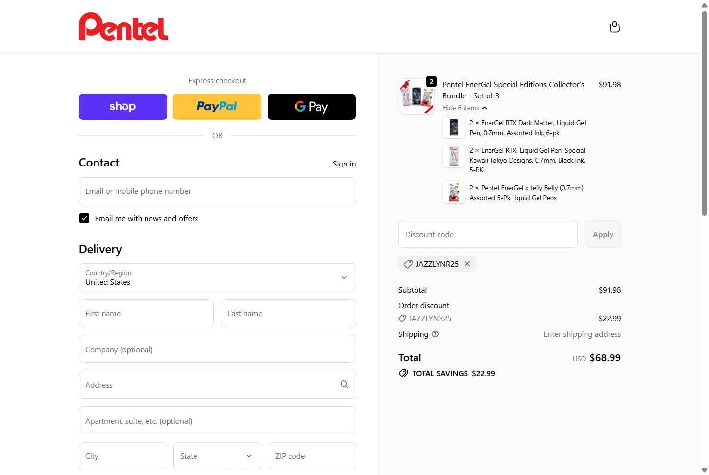 Pentel checkout page showing Pentel discount code box | Screenshot taken by SimplyCodes community member on Feb 2, 2026