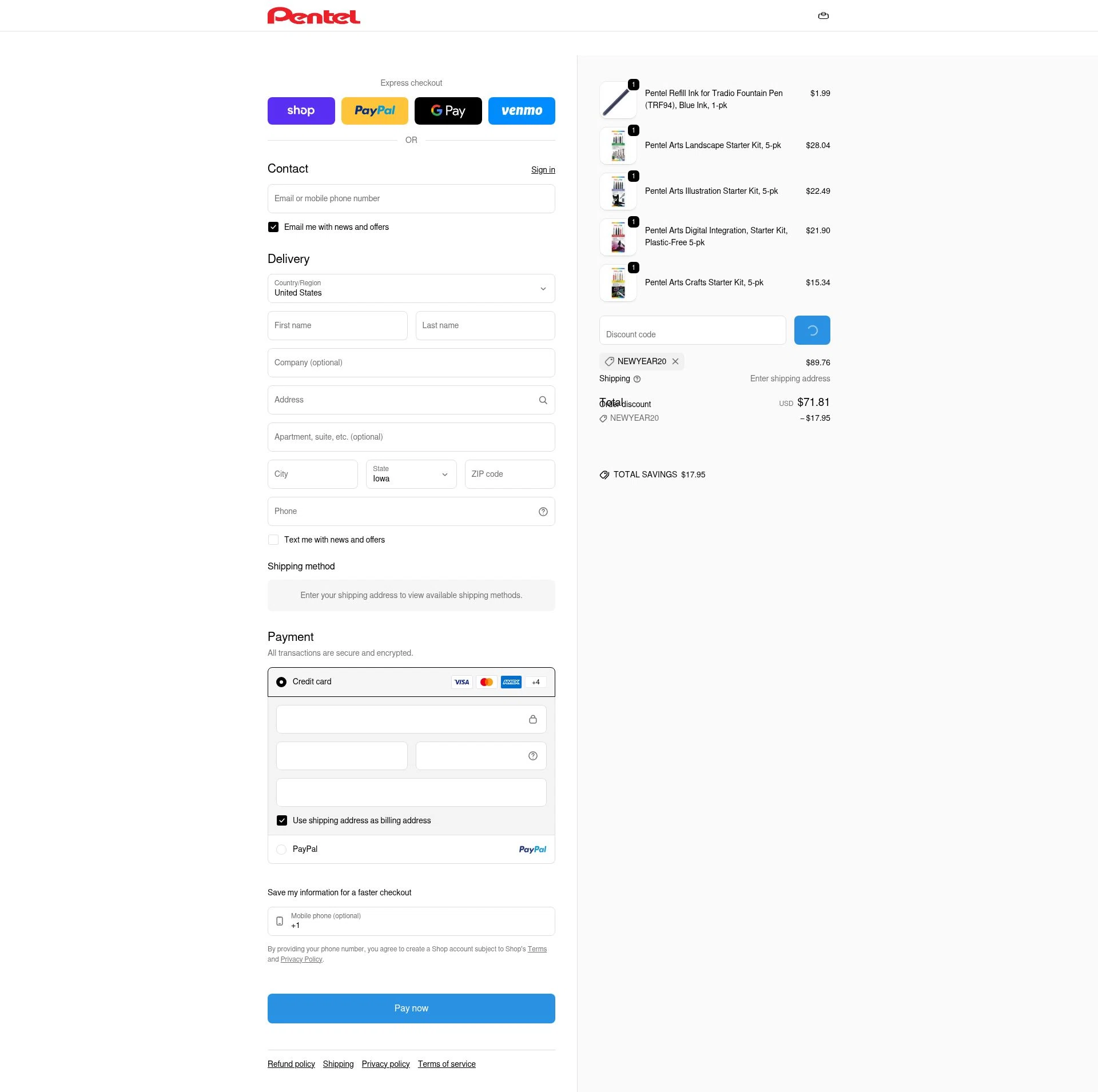 Pentel checkout page showing Pentel discount code box | Screenshot taken by SimplyCodes community member on Feb 2, 2026
