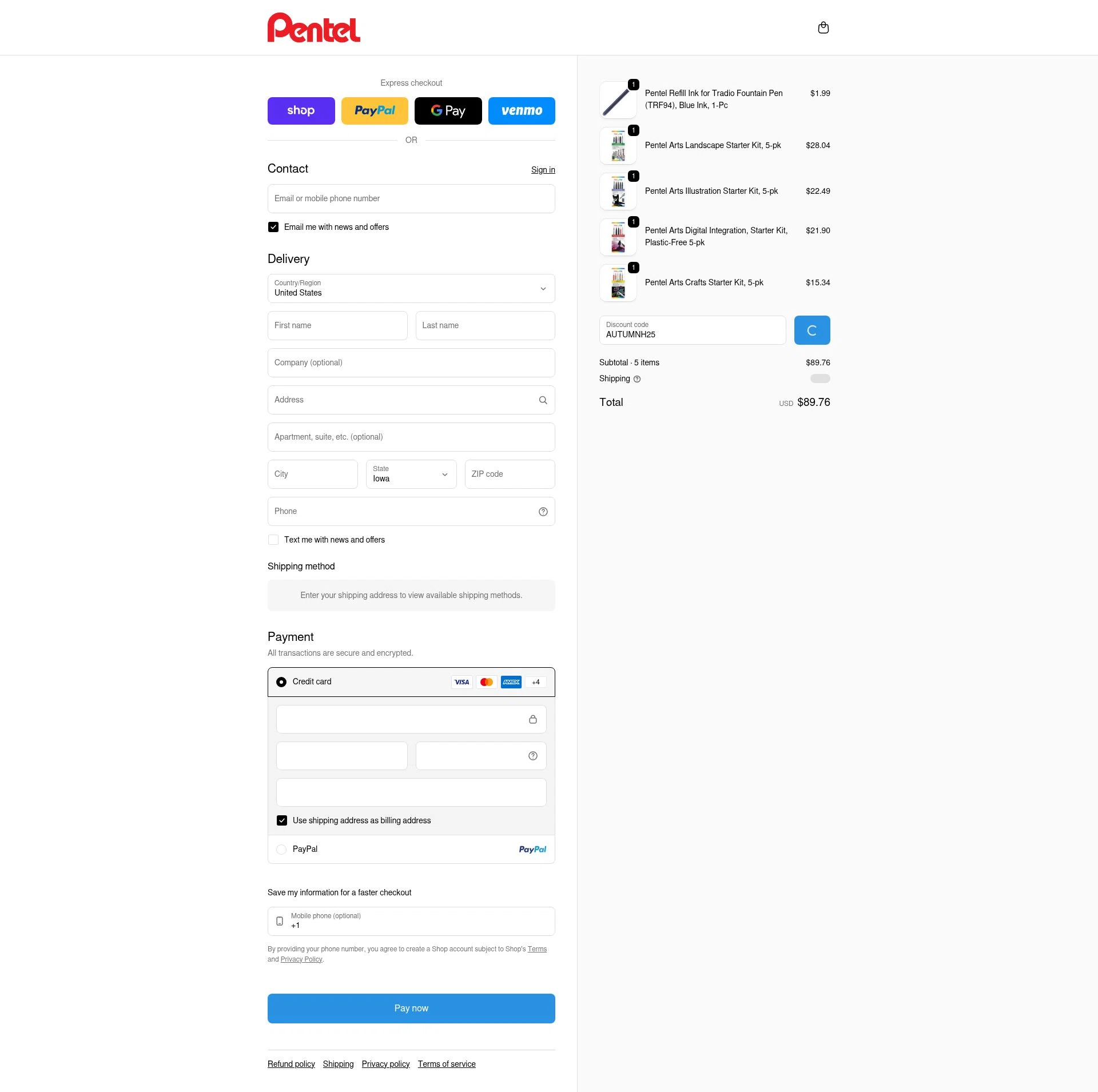Pentel checkout page showing Pentel discount code box | Screenshot taken by SimplyCodes community member on Feb 7, 2026