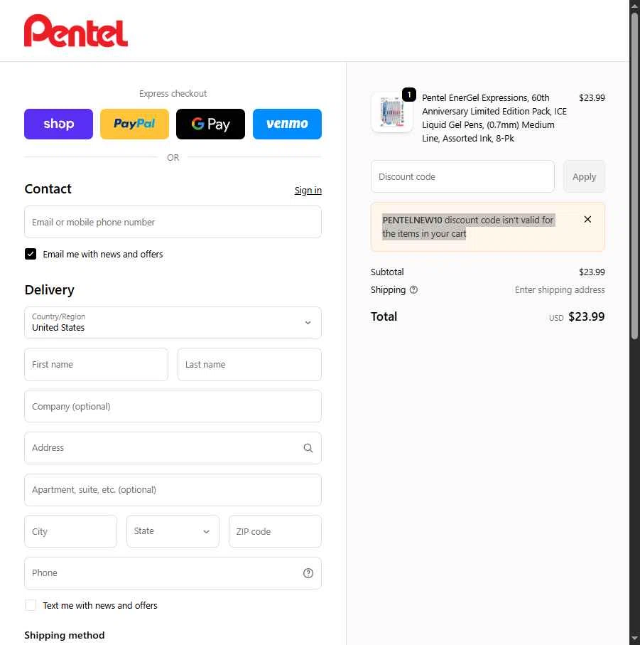 Pentel checkout page showing Pentel discount code box | Screenshot taken by SimplyCodes community member on Feb 7, 2026