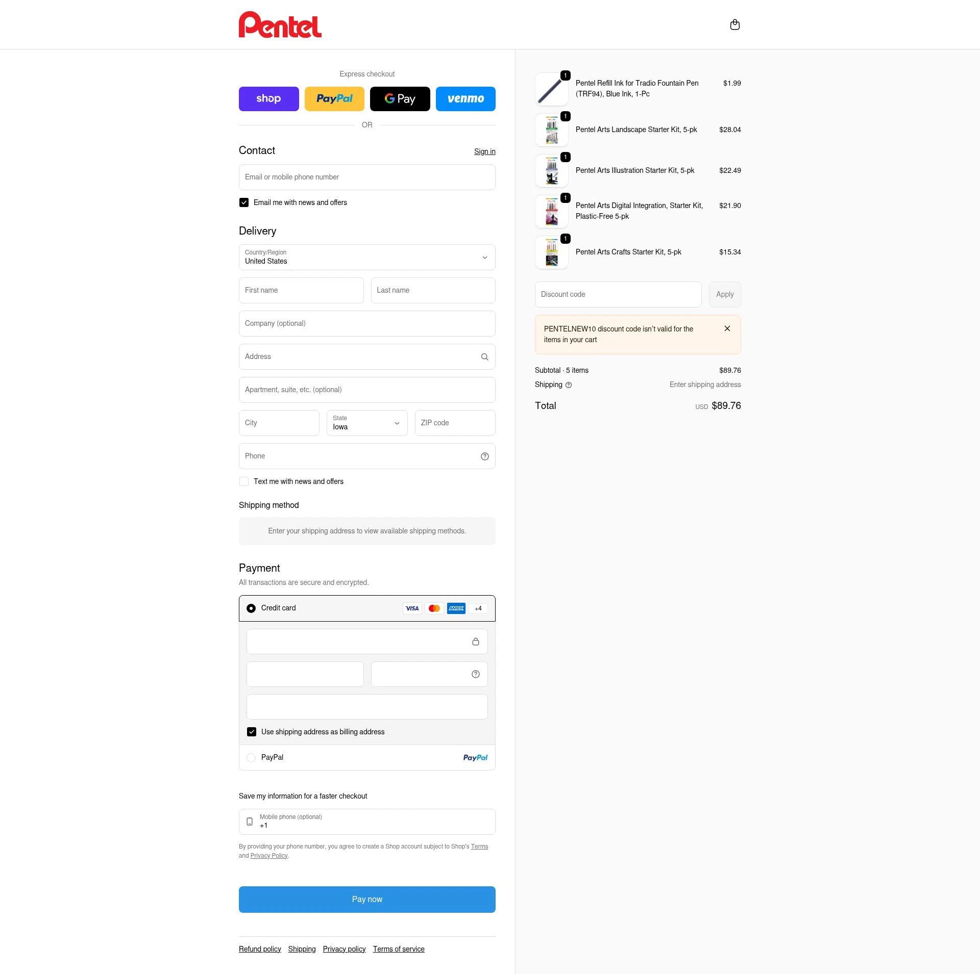 Pentel checkout page showing Pentel discount code box | Screenshot taken by SimplyCodes community member on Feb 7, 2026